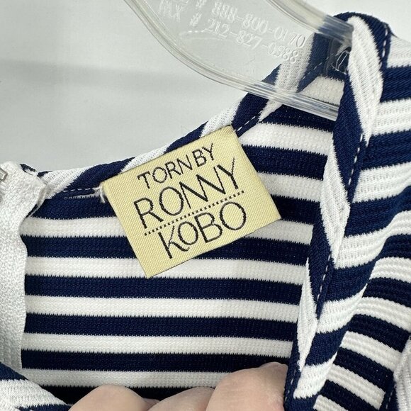 TORN BY RONNY KOBO YONAL DRESS nautical stripe cutout bodycon blue white L - Picture 9 of 9
